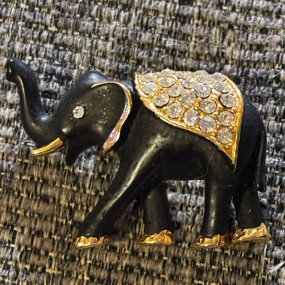 Vintage Black Enamel Elephant Pin Gold Tone Rhinestone Statement Brooch